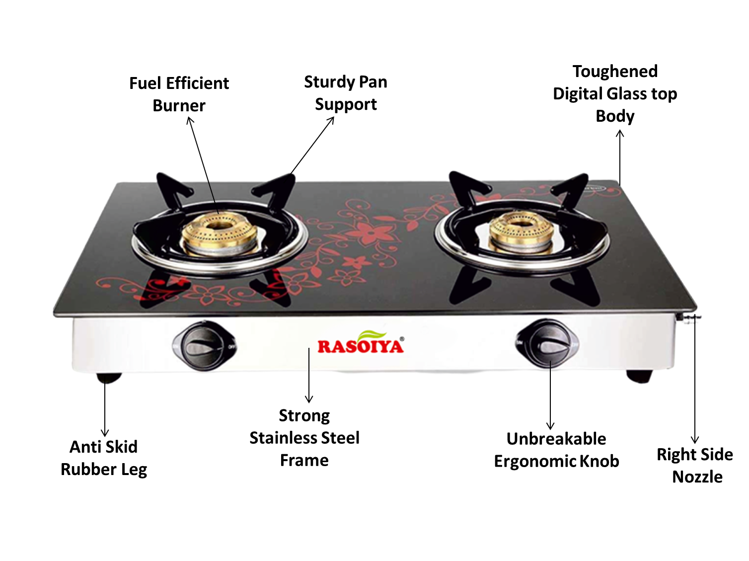RASOIYA 2 BURNER DIGITAL GLASS TOP STAINLESS MS FRAME