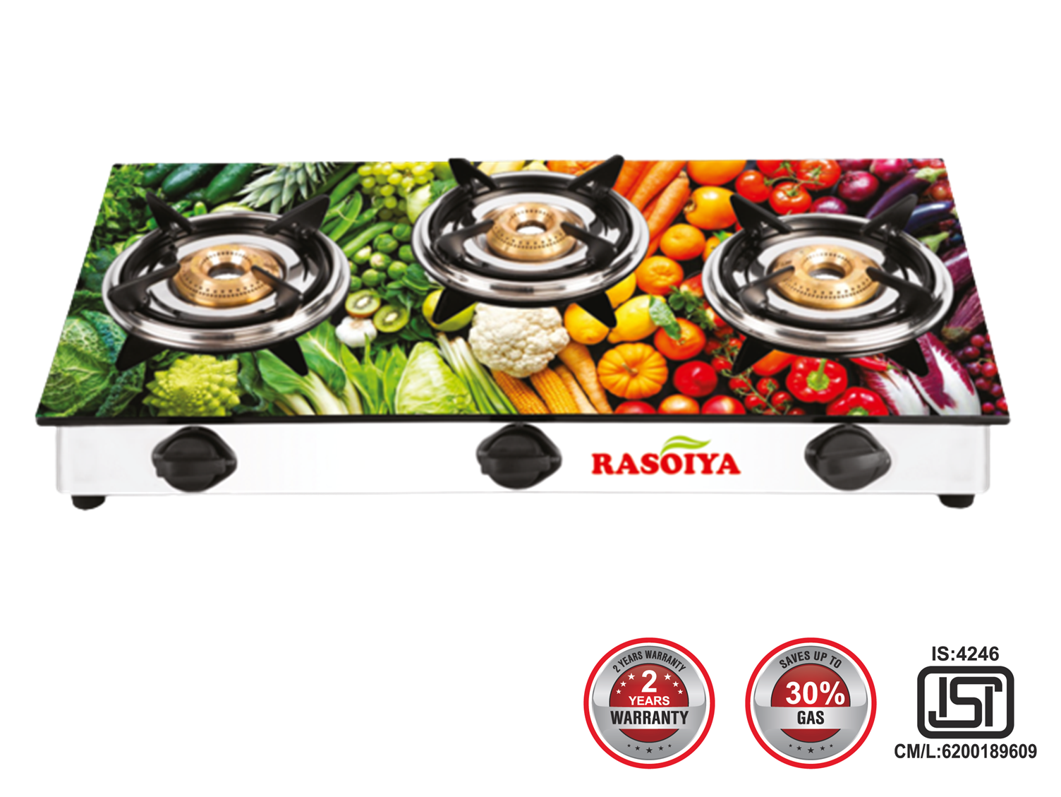 RASOIYA 3 BURNER DIGITAL GLASS TOP STAINLESS MS FRAME
