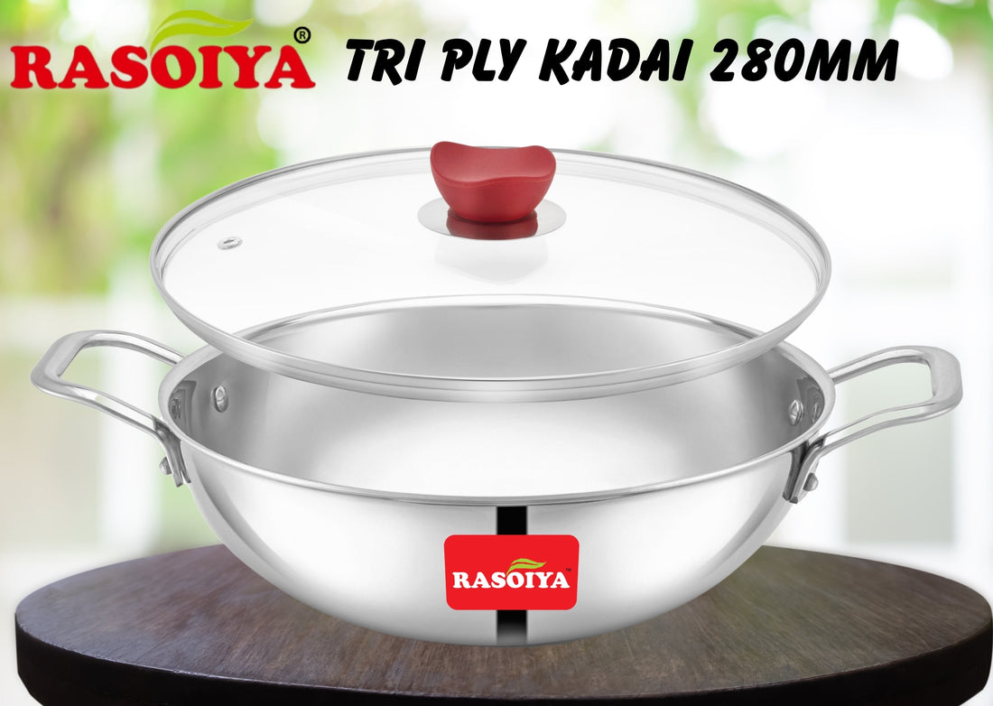 Rasoiya Tri-Ply Stainless Steel Kadai Premium 3-Layer Thick Body, Induction & gas Compatible